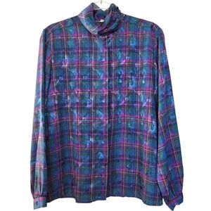 Vintage Lombardi High Neck Top Size M Cobalt Purple Plaid Satin Academia Twee
